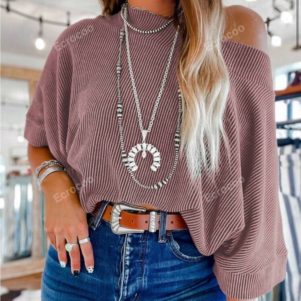 Oversized pink shirt off the shoulder